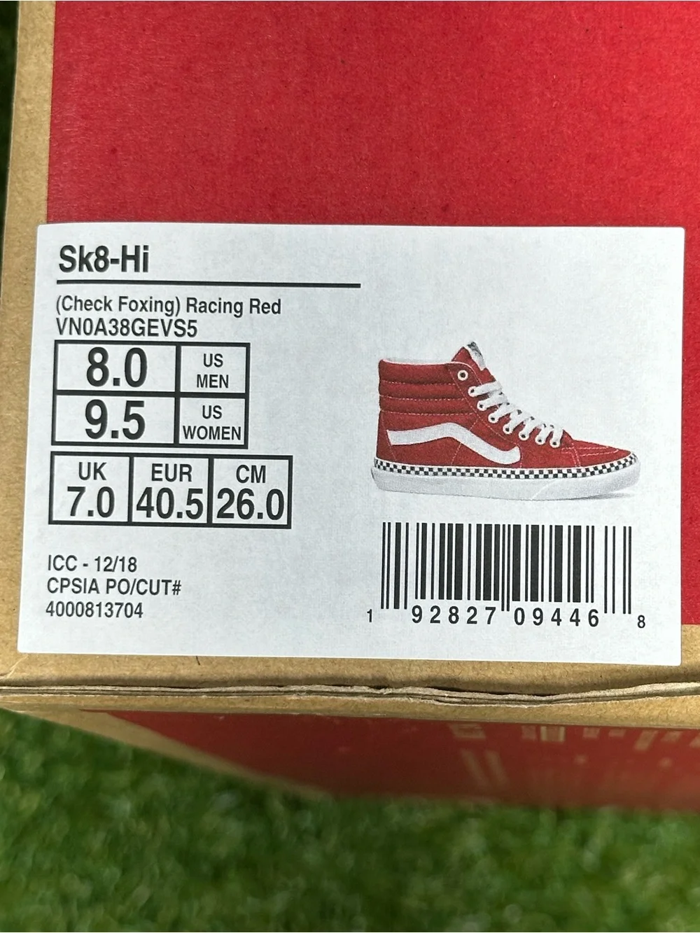 Vans SK8-HI  Check Foxing, Red/White with Checkerboard Trim, Men’s 8,VN0A38GEVS5